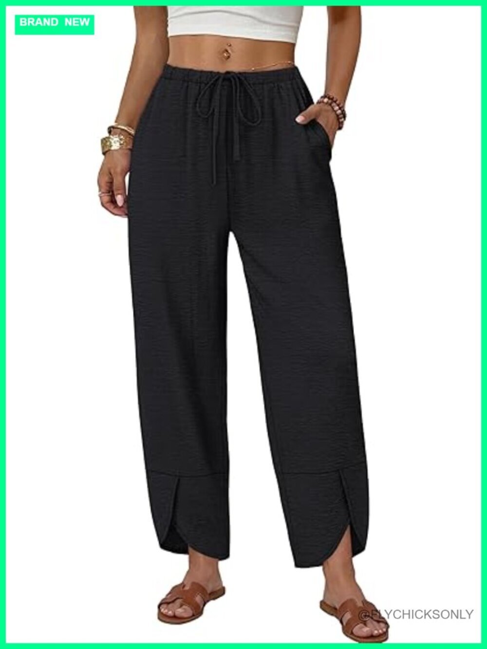 Wide Leg Palazzo Capri Pants with Pockets Drawstring Elastic Waist Flowy